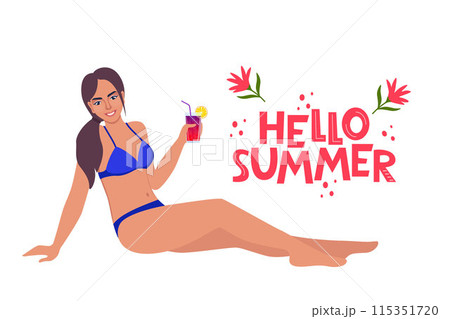Woman dressed in swimsuit sunbathing on the beach with cocktail in her hand and smiling. Hello Summer lettering. Vector illustration. Woman dressed in swimsuit sunbathing on the beach with cocktail in her hand and smiling. Hello Summer lettering. Vector illustration. 115351720