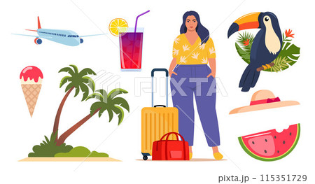 Summer icons. Woman with suitcase, airplane, toucan, tropical palm leaves, ice cream, cocktail, palm, watermelon, hat. Concept of adventure, journey, summer trip. Vector. Summer icons. Woman with suitcase, airplane, toucan, tropical palm leaves, ice cream, cocktail, palm, watermelon, hat. Concept of adventure, journey, summer trip. Vector. 115351729