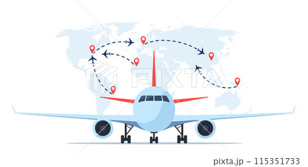 Aircraft in front view, world map with flight routes and pins marker. Time to travel concept. Traveling by plane. International flight. Vector illustration for poster, banner. Aircraft in front view, world map with flight routes and pins marker. Time to travel concept. Traveling by plane. International flight. Vector illustration for poster, banner. 115351733