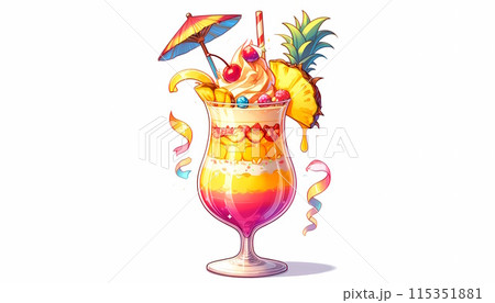 カクテル傘が飾られたトロピカルなフルーツパフェ カクテル傘が飾られたトロピカルなフルーツパフェ 115351881