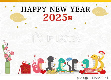 2025 Year of the Snake New Year's card template with illustration of a banquet for the zodiac snake 115351961
