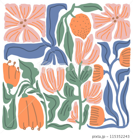 Colorful doodle floral arrangement illustration in a trendy style 115352243