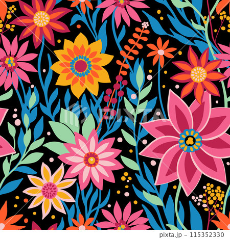 Flower Field Bright Pink, Blue, Mint, Orange, Yellow Colors on Black, Seamless Random Pattern. Great for Textile, Surface, Wallpaper, Wrapping, Fabric, Decor Ornament, Scrapbook Craft Paper. Flower Field Bright Pink, Blue, Mint, Orange, Yellow Colors on Black, Seamless Random Pattern. Great for Textile, Surface, Wallpaper, Wrapping, Fabric, Decor Ornament, Scrapbook Craft Paper. 115352330