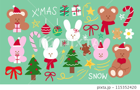 Christmas illustration of teddy bear, bunny, candy cane, gift box, snow, tree, light, gingerbread man for winter sticker, festive icon, cartoon character, animal print, zoo, plush toy, doll, kids Christmas illustration of teddy bear, bunny, candy cane, gift box, snow, tree, light, gingerbread man for winter sticker, festive icon, cartoon character, animal print, zoo, plush toy, doll, kids 115352420