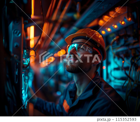 An engineer is working in a modern data center with advanced technology and equipment 115352593