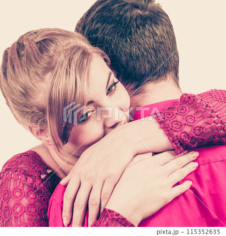 Couple. Woman is sad and being consoled by his partner 115352635