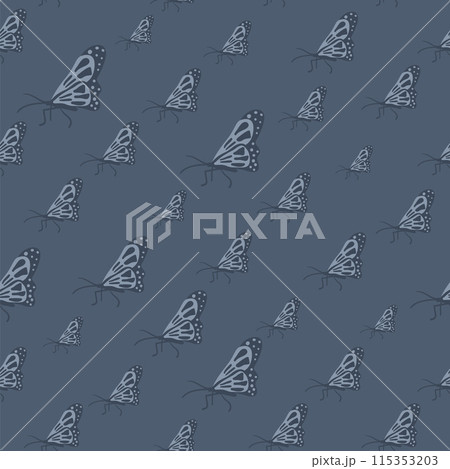 Fluttering butterflies seamless pattern. Month continuous background. Dark night mood repeat cover motif. Vector flat hand drawn illustration. 115353203