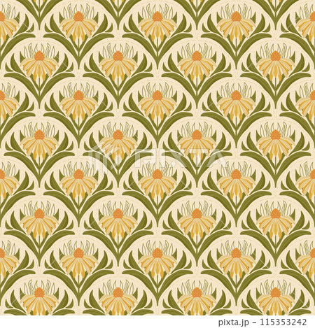 Daisy flowers seamless pattern. Floral endless background. Wildflower scalloped pattern ornament. Art nouveau stylized botanic repeat cover. Vector flat hand drawn illustration. 115353242