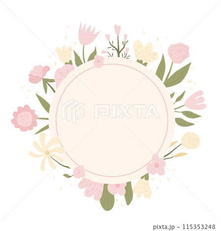Circle border of bouquet. Floral wreath isolated on white background. Spring flowers frame. Vector illustration. 115353248