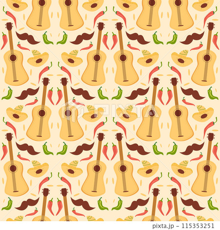 Mexican music festival seamless pattern. guitar and sombrero repeat background. Hats of mariachi musicians endless cover. Holiday loop ornament. Vector illustration. 115353251
