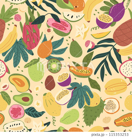 Tropical fruits seamless pattern. Exotic sweet food with foliage endless background. Pineapple, guava, dragonfruits and papaya harvest repeat cover. Vector hand drawn illustration. 115353253