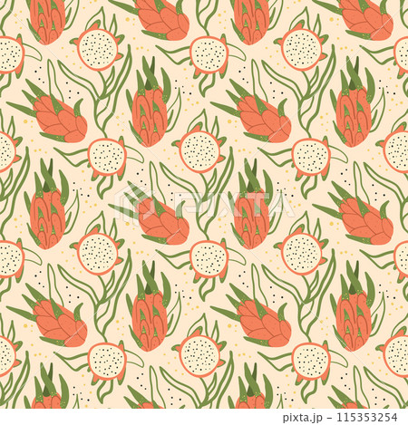 Dragon fruit seamless pattern. Tropical pitaya repeat background. Vector hand drawn illustration. 115353254