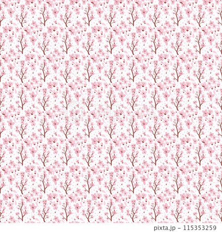 Sakura seamless pattern. Floral endless background. Japanese cherry branch blossom repeat print. Simple botanic vector hand drawn illustration. Sakura seamless pattern. Floral endless background. Japanese cherry branch blossom repeat print. Simple botanic vector hand drawn illustration. 115353259
