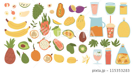 Tropical fruits and beverage isolated on white background. Set of exotic sweet dessert and fresh smoothie. Vector hand drawn flat collection illustration. 115353283
