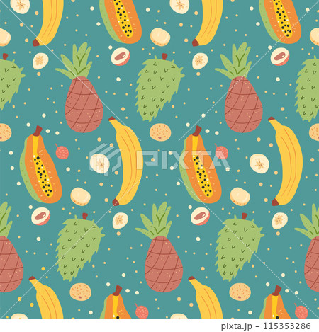 Tropical fruits seamless pattern. Banana, pineapple, guanabana and lychee endless background. Exotic ripe fruit repeat cover. Vector hand drawn illustration. 115353286