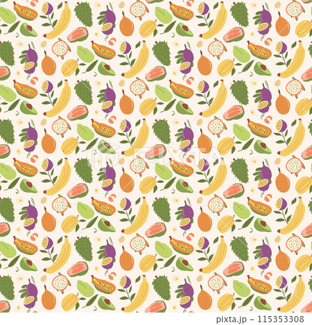 Tropical fruits seamless pattern. Exotic sweet dessert endless background. Vector hand drawn illustration. Tropical fruits seamless pattern. Exotic sweet dessert endless background. Vector hand drawn illustration. 115353308