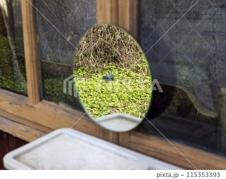 mirror above washbasin on wall of village house mirror above washbasin on wall of village house 115353393