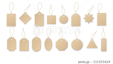 Realistic vector price tag. Cardboard label, paper sale tags mockup blank labels template shopping gift empty stickers with ropes tags vector Realistic vector price tag. Cardboard label, paper sale tags mockup blank labels template shopping gift empty stickers with ropes tags vector 115353424
