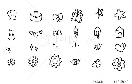 Doodle hand drawn with cute staff. Element of flower, star, sparkle, abstract and nature for illustration 115353684