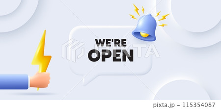 We are open tag. Neumorphic background with chat speech bubble. Promotion new business sign. Welcome advertising symbol. Open speech message. Banner with energy. Vector 115354087