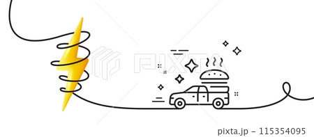 Food delivery line icon. Continuous one line with curl. Pickup transport sign. Restaurant service symbol. Food delivery single outline ribbon. Loop curve with energy. Vector 115354095