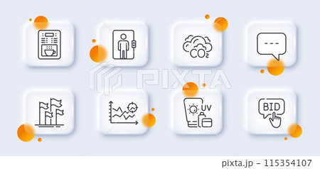 Flags, Bid offer and Blog line icons pack. 3d glass buttons with blurred circles. Seo analysis, Sunscreen, Coffee maker web icon. Elevator, Co2 pictogram. For web app, printing. Vector Flags, Bid offer and Blog line icons pack. 3d glass buttons with blurred circles. Seo analysis, Sunscreen, Coffee maker web icon. Elevator, Co2 pictogram. For web app, printing. Vector 115354107