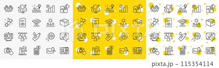 Outline Flags, Builders union and Office box line icons pack for web with Puzzle, Motherboard, Ceiling lamp line icon. Search mail, Graph chart, Vitamin e pictogram icon. Sun protection. Vector 115354114