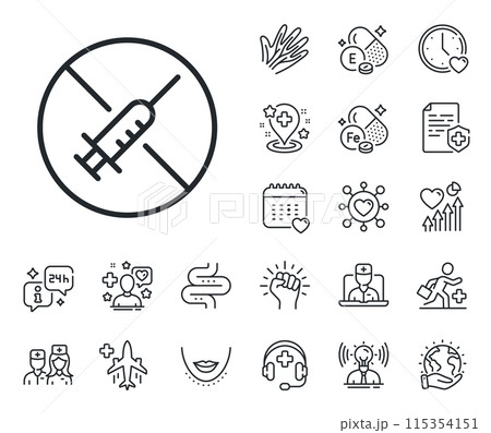 Stop Vaccination sign. Online doctor, patient and medicine outline icons. No vaccine line icon. Syringe jab symbol. No vaccine line sign. Veins, nerves and cosmetic procedure icon. Intestine. Vector 115354151