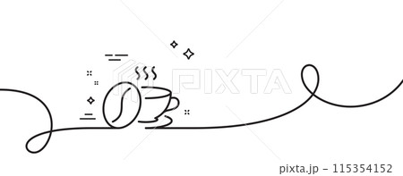 Coffee cup with beans line icon. Continuous one line with curl. Hot cappuccino sign. Tea drink mug symbol. Coffee cup single outline ribbon. Loop curve pattern. Vector 115354152