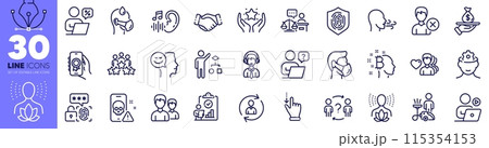 Remove account, Person info and Fingerprint line icons pack. Delegate question, Ranking, Business meeting web icon. Medical mask, Couple, Man love pictogram. Brain working. Vector 115354153