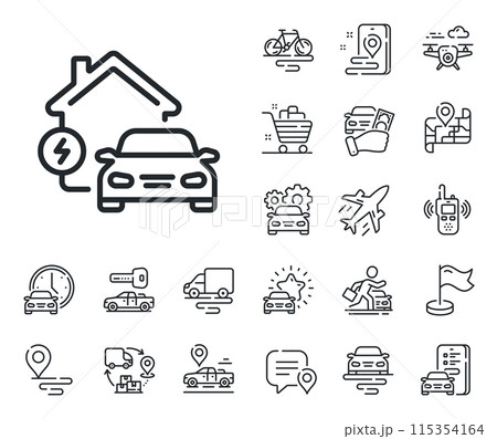Home car charger sign. Plane, supply chain and place location outline icons. Charging station line icon. Electric power symbol. Home charging line sign. Taxi transport, rent a bike icon. Vector Home car charger sign. Plane, supply chain and place location outline icons. Charging station line icon. Electric power symbol. Home charging line sign. Taxi transport, rent a bike icon. Vector 115354164
