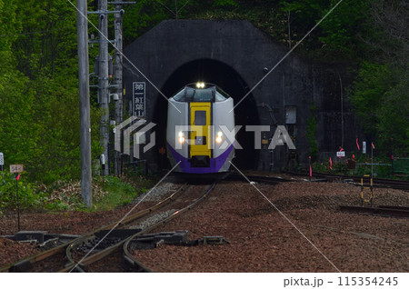 新夕張駅近くの第一紅葉山トンネルから顔を出した特急「とかち」 115354245