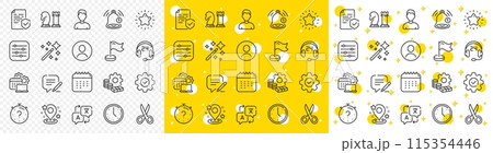 Language translate, Chess strategy and Notice alert set. Business line icons. Profile headshot, location place and annual calendar line icons. Avatar placeholder, business chess strategy. Vector 115354446