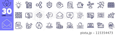 Compliance, Light bulb and Charging time line icons pack. Inspect, User info, Elastic material web icon. Share idea, Leadership, Magic wand pictogram. Artificial intelligence. Vector 115354473