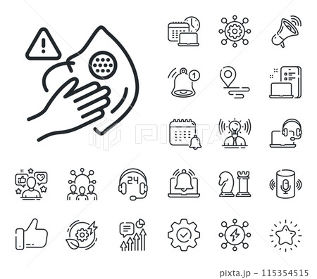 Hand warning sign. Place location, technology and smart speaker outline icons. Dont touch face mask line icon. Medical mask hygiene notification symbol. Dirty mask line sign. Vector Hand warning sign. Place location, technology and smart speaker outline icons. Dont touch face mask line icon. Medical mask hygiene notification symbol. Dirty mask line sign. Vector 115354515