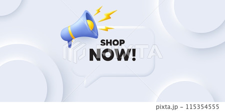 Shop now tag. Neumorphic 3d background with speech bubble. Special offer sign. Retail Advertising symbol. Shop now speech message. Banner with megaphone. Vector 115354555