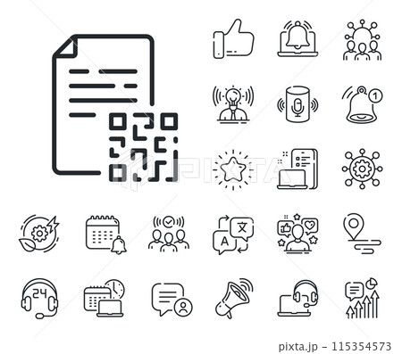 Scan barcode sign. Place location, technology and smart speaker outline icons. Qr code line icon. Certificate document symbol. Qr code line sign. Influencer, brand ambassador icon. Vector 115354573