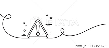 Warning line icon. Continuous one line with curl. Attention triangle sign. Caution alert symbol. Warning single outline ribbon. Loop curve pattern. Vector 115354672
