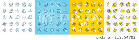 Vector icons set of Overeating pills, Wash hands and Thermometer line icons pack for web with Weather thermometer, Disability, Checklist outline icon. Face biometrics, Eye. Vector 115354702