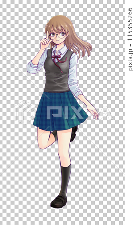 Illustration of a high school girl wearing glasses facing left 115355266