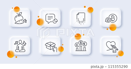 Apple carrot, Social care and Recovery file line icons pack. 3d glass buttons with blurred circles. Hold box, Refresh bitcoin, Yoga music web icon. Statistic, Currency rate pictogram. Vector Apple carrot, Social care and Recovery file line icons pack. 3d glass buttons with blurred circles. Hold box, Refresh bitcoin, Yoga music web icon. Statistic, Currency rate pictogram. Vector 115355290