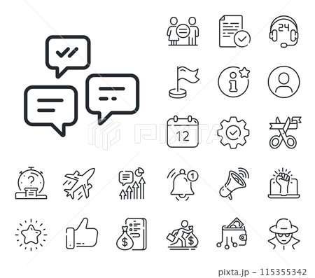 Conversation or SMS sign. Salaryman, gender equality and alert bell outline icons. Chat Messages line icon. Communication symbol. Chat Messages line sign. Spy or profile placeholder icon. Vector 115355342