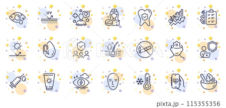 Outline set of Health app, No alcohol and Diet menu line icons for web app. Include Serum oil, Stress, Health skin pictogram icons. Low thermometer, Medical syringe, Patient signs. Vector 115355356