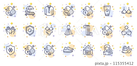 Outline set of Dress, Shirt and Shoes line icons for web app. Include Sunglasses, Moisturizing cream, Sun protection pictogram icons. Bra, Pantothenic acid, Sunscreen signs. Vitamin u. Vector Outline set of Dress, Shirt and Shoes line icons for web app. Include Sunglasses, Moisturizing cream, Sun protection pictogram icons. Bra, Pantothenic acid, Sunscreen signs. Vitamin u. Vector 115355412