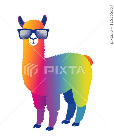 ファンキーなメガネを身に着けたアルパカのカラフルなシルエットのイラスト　白背景の切り抜き 115355657