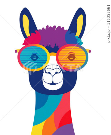 ファンキーなメガネを身に着けたアルパカのカラフルなシルエットのイラスト　白背景の切り抜き 115355661