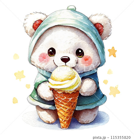 白熊の赤ちゃんのキャラクターがアイスクリームを食べているイラスト　白背景の切り抜き 115355820