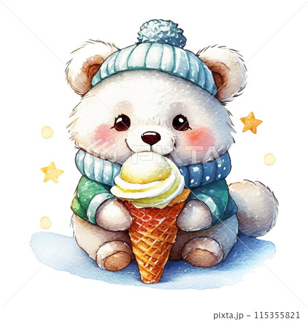 白熊の赤ちゃんのキャラクターがアイスクリームを食べているイラスト　白背景の切り抜き 115355821