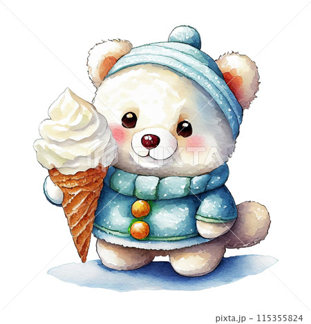 白熊の赤ちゃんのキャラクターがアイスクリームを食べているイラスト　白背景の切り抜き 115355824