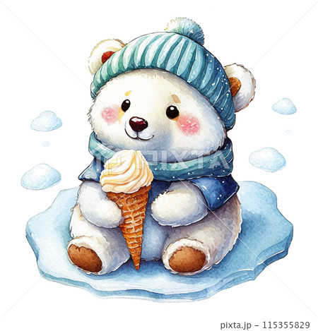 白熊の赤ちゃんのキャラクターがアイスクリームを食べているイラスト　白背景の切り抜き 115355829